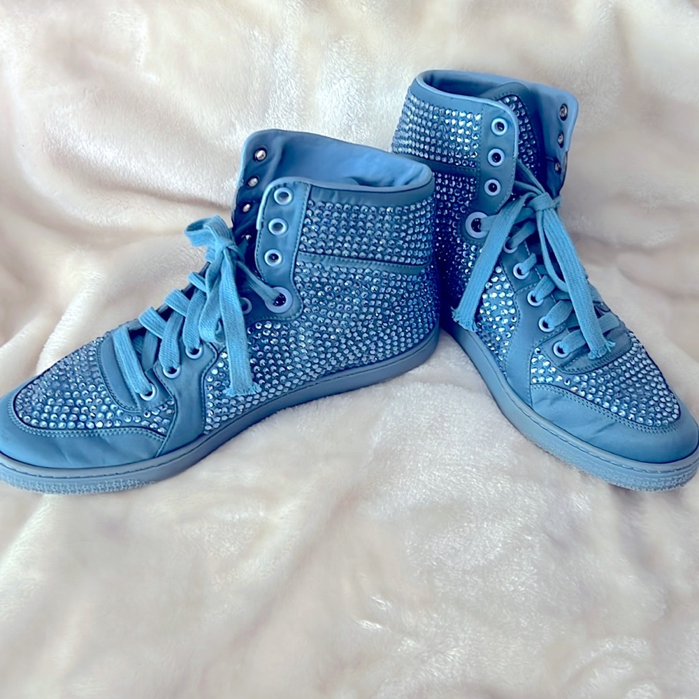 GUCCI 👟 RARE CODA BLUE SATIN LEATHER RHINESTONE CRYSTAL HIGH-TOP SNEAKERS 8.5 - Picture 4 of 15